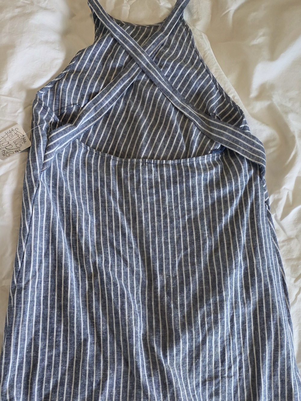 Free People blue and white striped halter dress features an asymmetrical wrap - Picture 2 of 4